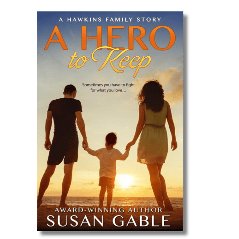 A Hero to Keep cover - man, woman, and child, holding hands on beach at sunset