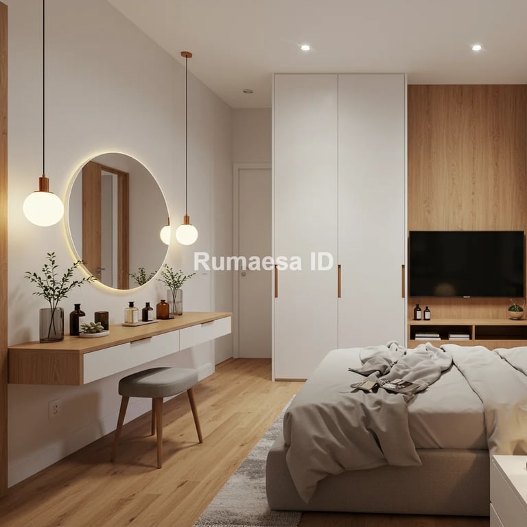 Kamar tidur elegan dengan headboard padded warna nude
