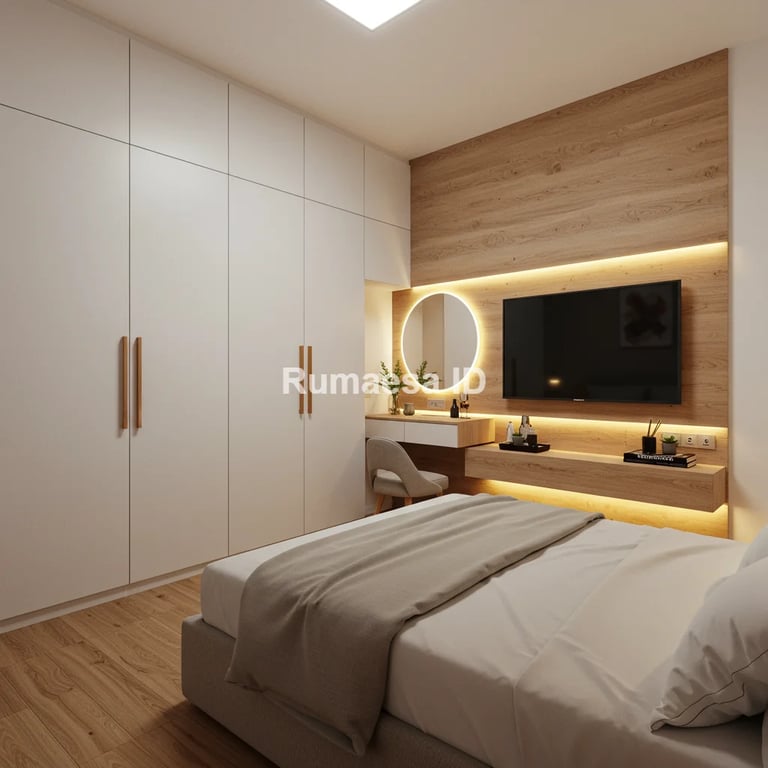 Interior kamar tidur minimalis dengan warna earthy tone