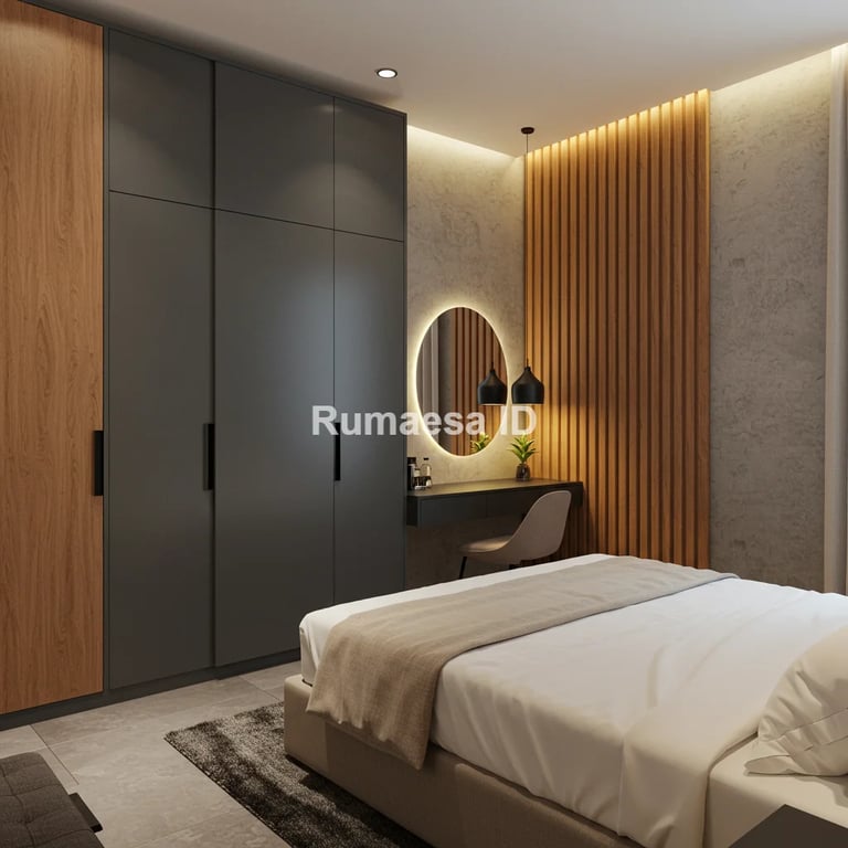 Desain kamar tidur dengan lampu gantung artistik dan backdrop kayu