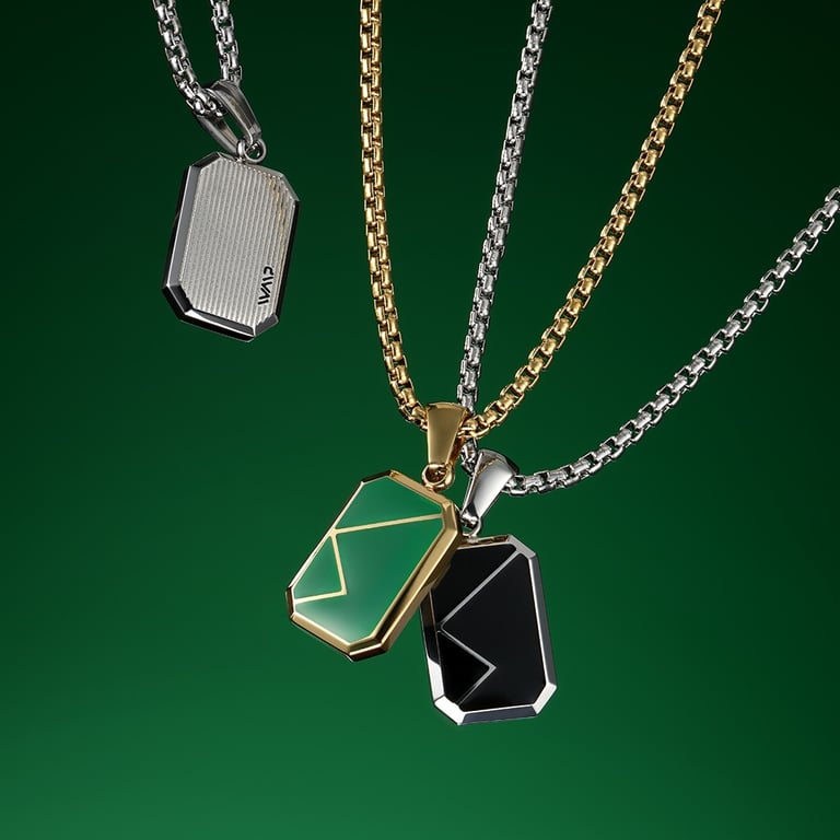 Stylish necklaces with rectangular pendants in silver, green, and black designs, displayed on a vibrant green background