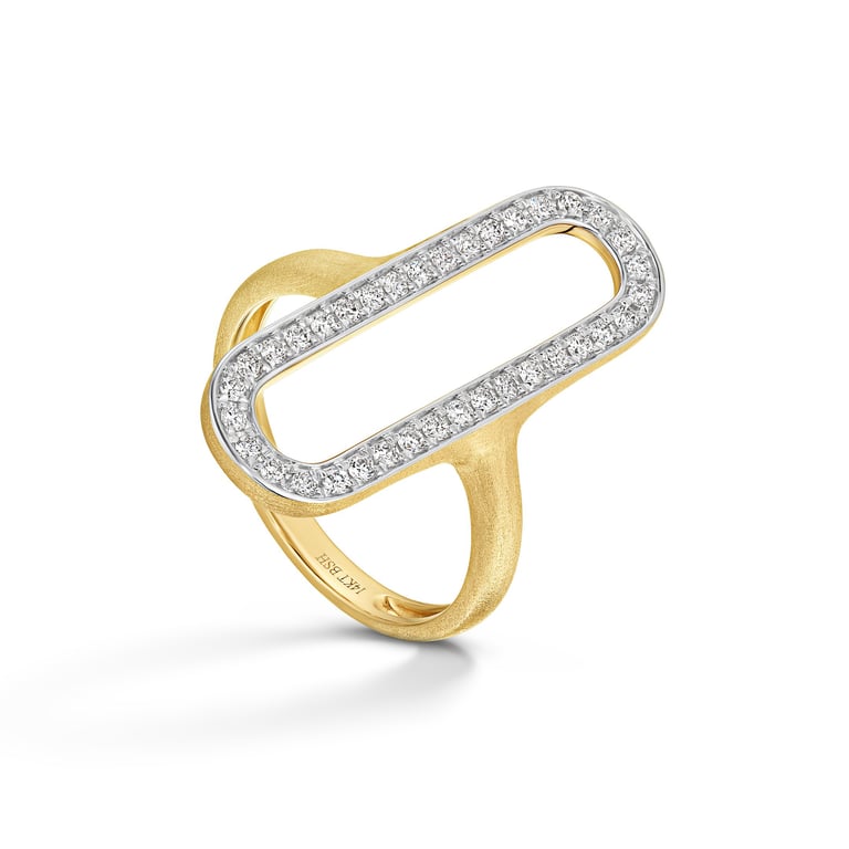 A matte gold ring with a pave diamond-encrusted elongated oval shape on top, isolated on a white background