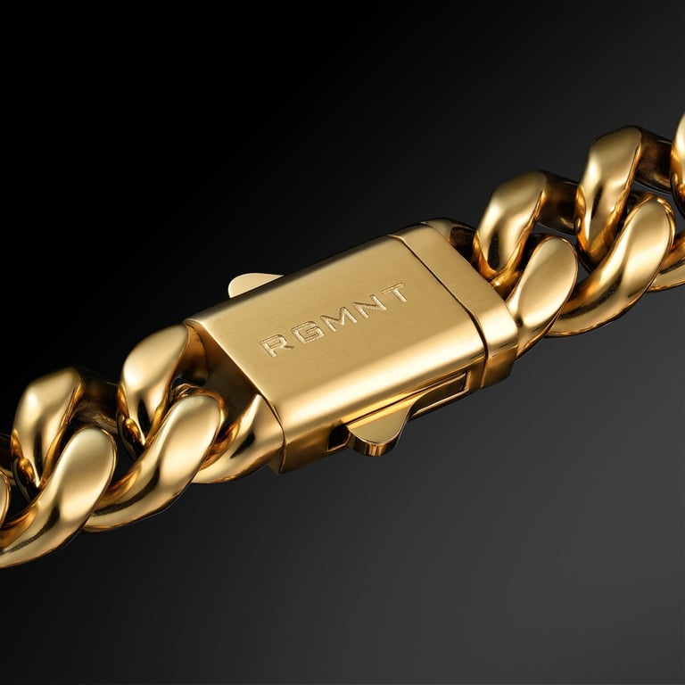 Luxurious gold chain bracelet with a branded clasp, showcased against a sleek black background for e-commerce photography