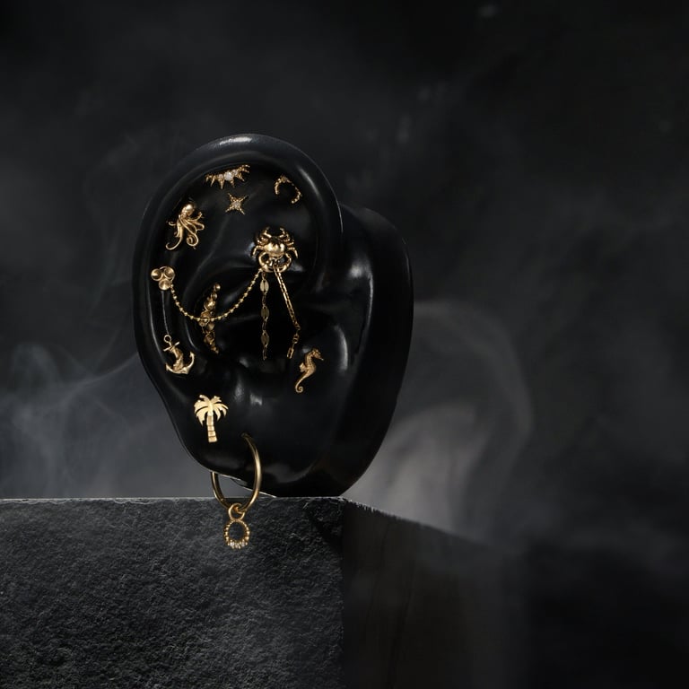 Stylish gold ear jewelry with nautical and celestial charms, displayed on a black ear model with a smoky dark background 