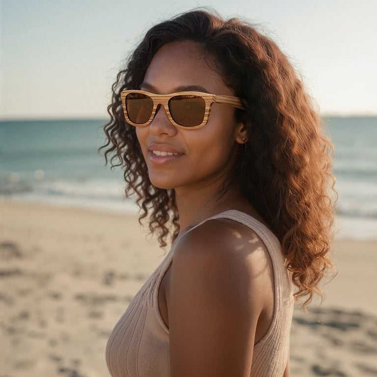 A young woman with curly hair smiles while wearing wood-grain sunglasses on a sandy beach.