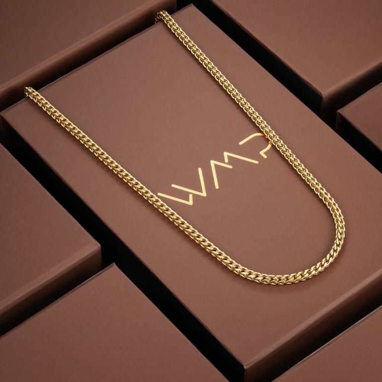 Elegant gold chain necklace displayed atop a branded brown box, surrounded by matching luxury packaging for e-commerce photo