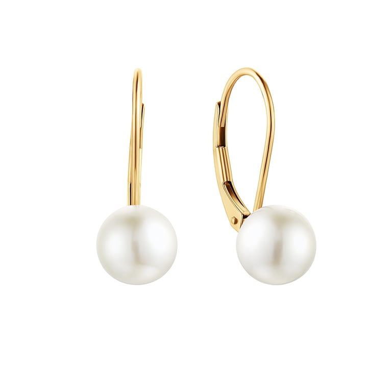 Timeless yellow gold drop earrings with lustrous white pearls, showcased on a white background for e-commerce photography