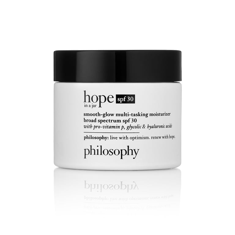 Philosophy 'Hope in a Jar' moisturizer with SPF 30, shot professionally against a white background with a reflection.