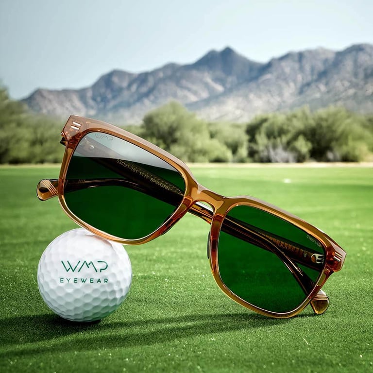 Outdoor product photography: Brown rectangular sunglasses with green lenses rest on a golf ball on a bright green course