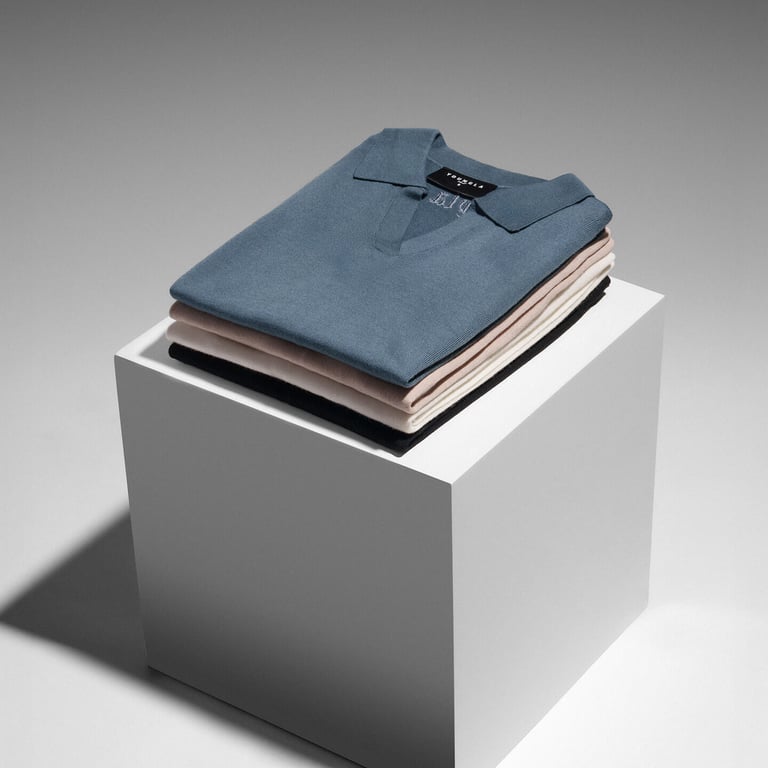 Studio photo of four folded knit polo shirts in blue, beige, white, and black stacked on a white pedestal.