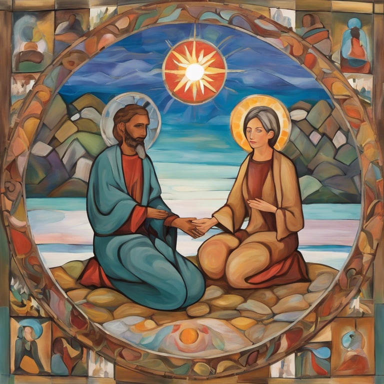 a painting of a man and woman sitting on a beach