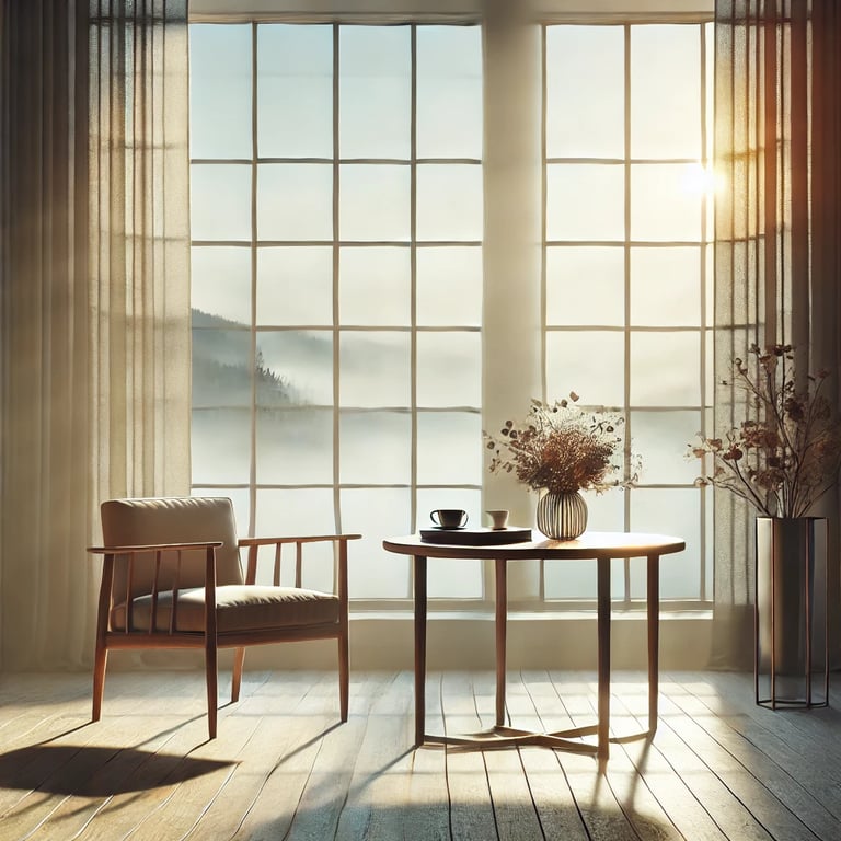 Mesa com cadeira e vaso de flores, simbolizando inspiração e reflexões profundas