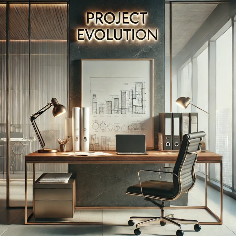 Espaço de trabalho com laptop e documentos, simbolizando inovação e planejamento.