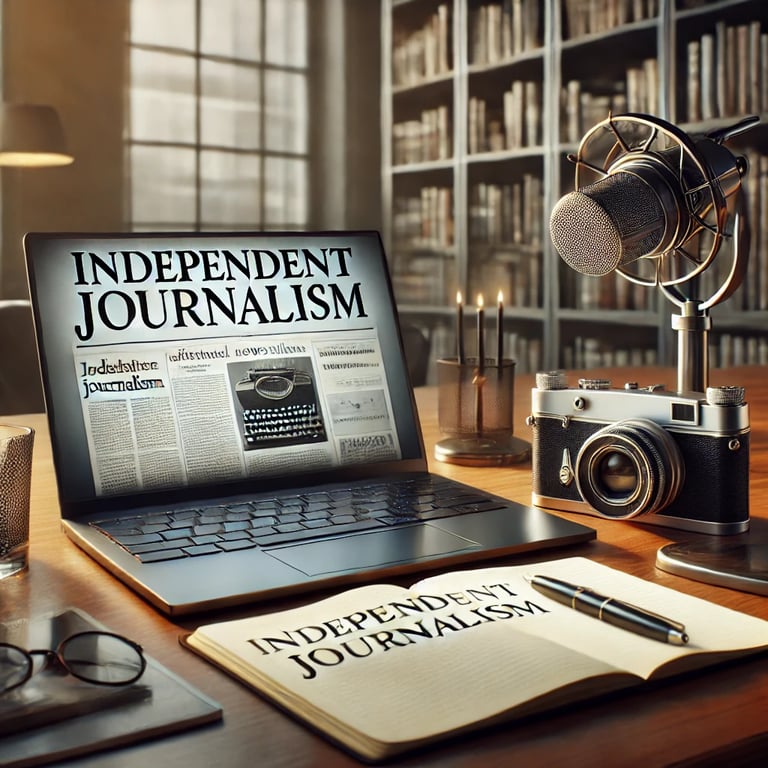 Mesa com microfone, câmera e laptop, simbolizando jornalismo investigativo.