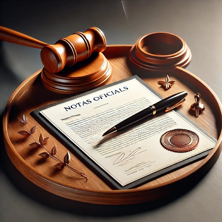 Bandeja de madeira com caneta e papel escrito, simbolizando comunicados e notas oficiais.