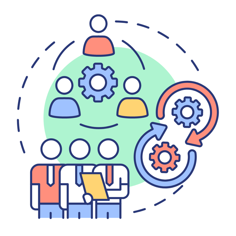 Grupo de pessoas reunidas ao redor de uma mesa com engrenagem, simbolizando organização e estrutura