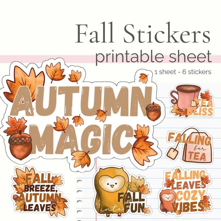 cute fall sticker desings with owl and leaves, fall colors