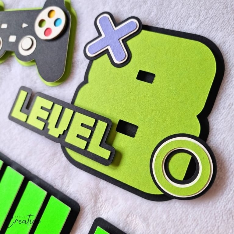 Cake topper element in a shape of number 8 and a word LEVEL on it