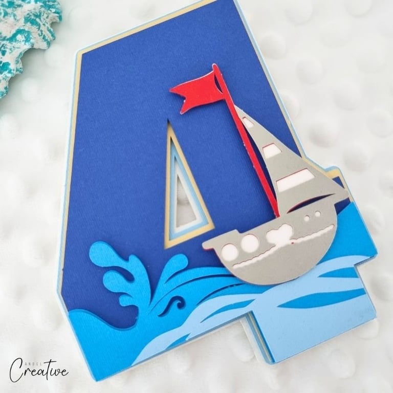Cake topper in the shape of a number 4. Sailing style.