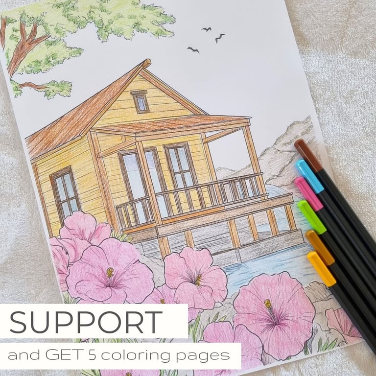 Coloring page with a wooden cabin by a lake, surrounded by pink flowers, trees, and birds. Six color