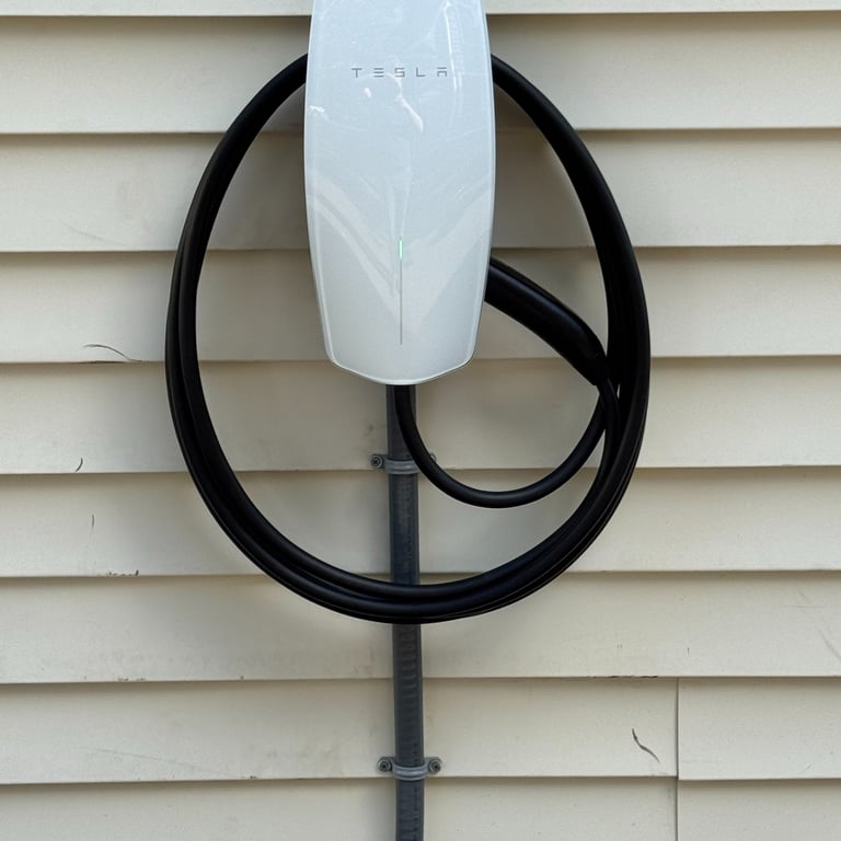 White Tesla Wall Connector home charging station mounted on beige vinyl house siding with coiled black cable.