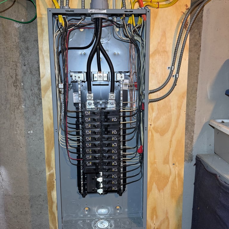 Open residential electrical panel with circuit breakers and wired connections mounted on a plywood wall.