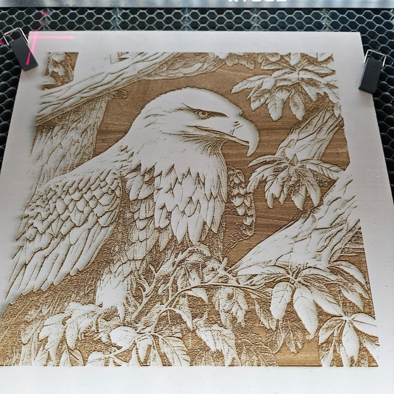 Engraved eagle and branches on pinewood
