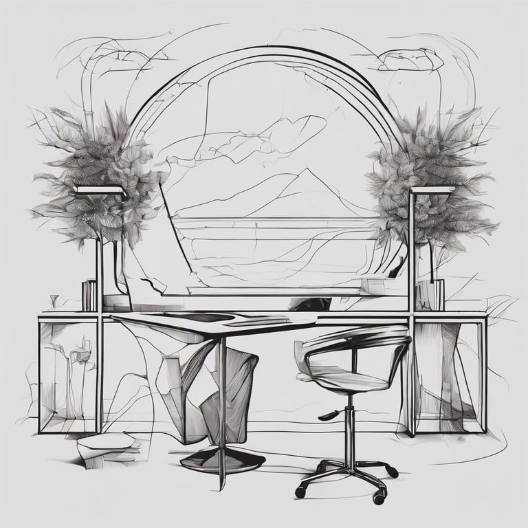 a drawing of a desk with a chair and a desk
