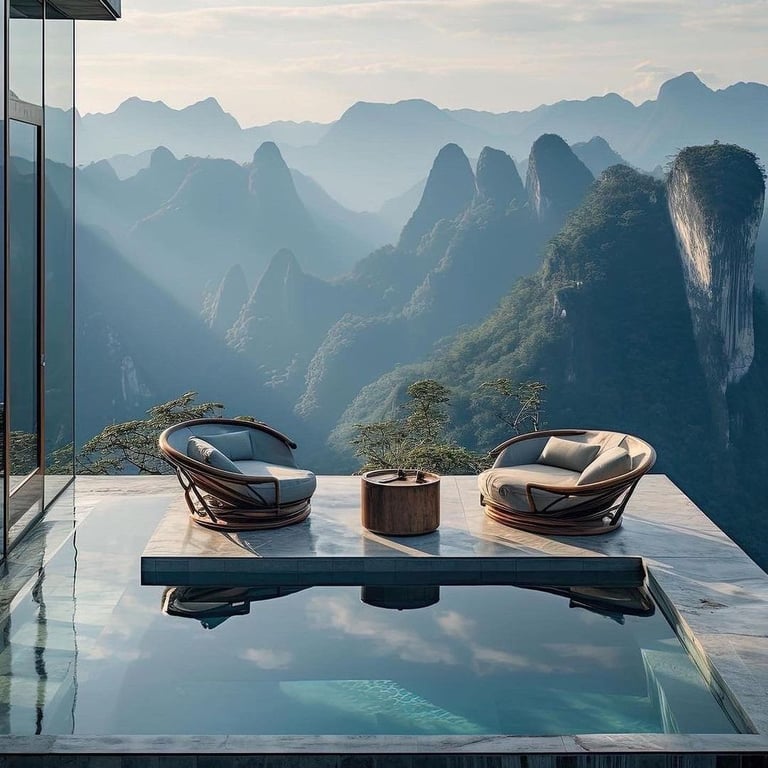 a luxury resort wellness pool and outdoor spa overlooking mountains