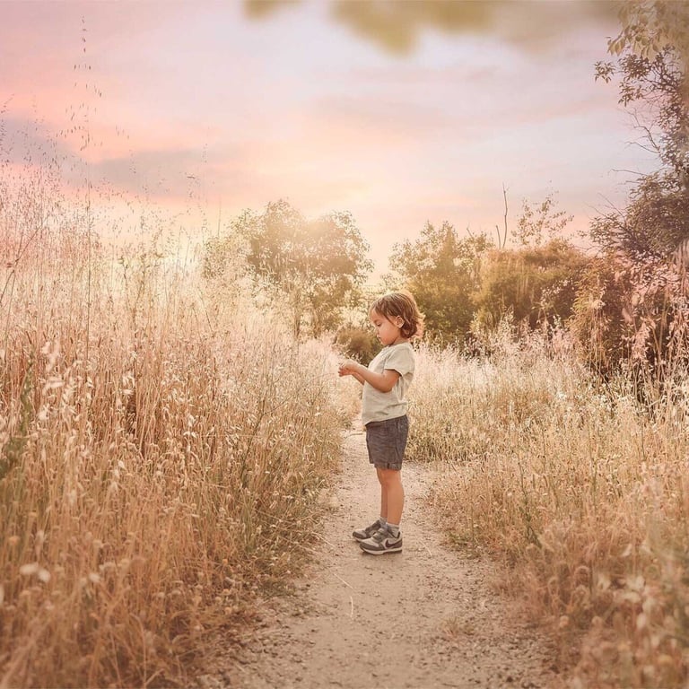 niño mirando plantas en un camino del campo