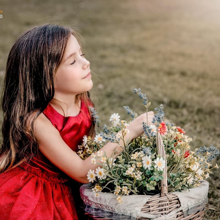 niña sentada tranquila con un cesto de flores