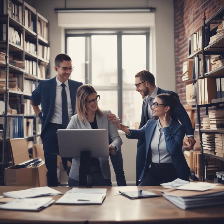 two people shaking hands in front of a laptop