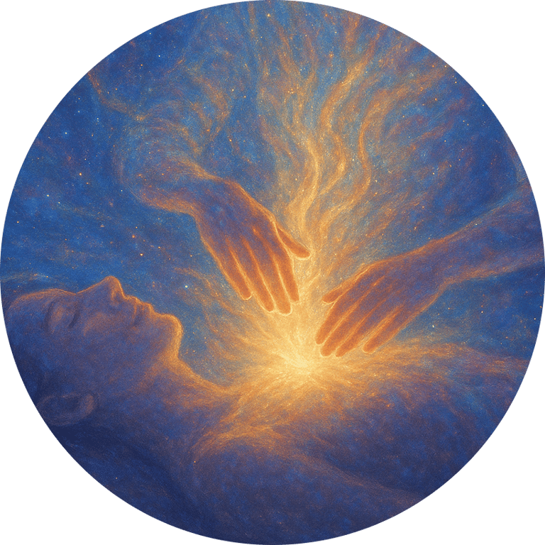 Soin énergétique par les main travaillant sur le coeur d'une personne allongée, lumière dorée