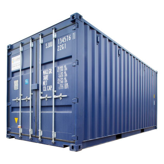 A 20ft blue steel shipping container for logistics and storage, isolated on a white background.
