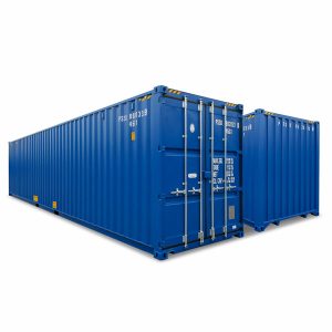 Two blue industrial shipping containers for cargo transport and storage logistics.