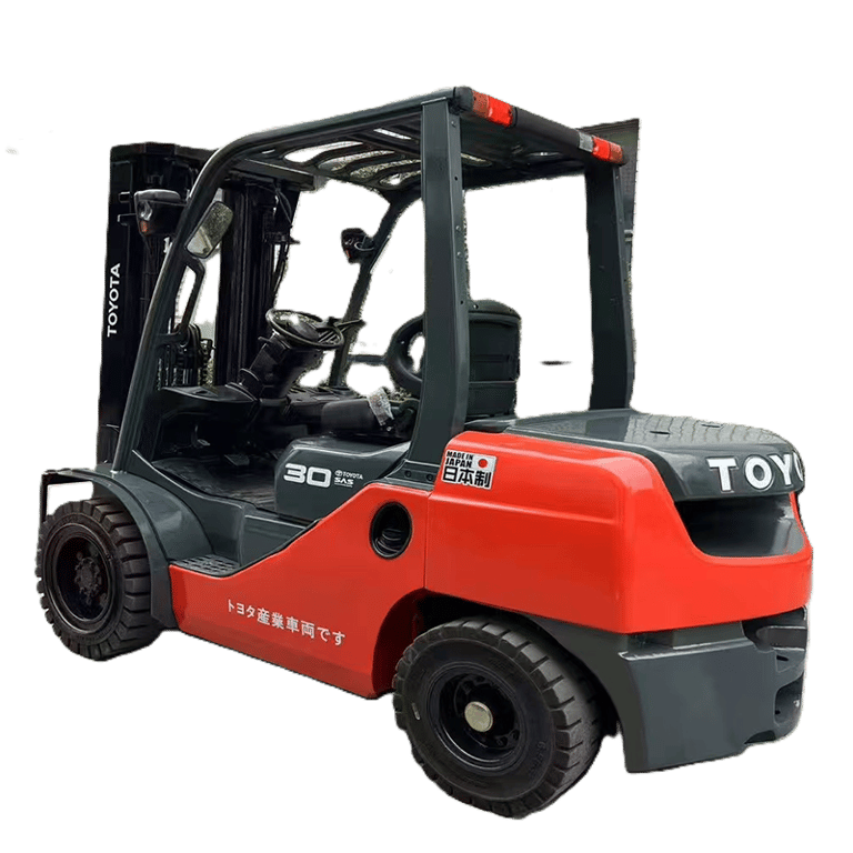 Orange and grey Toyota 30 industrial forklift truck designed for heavy material handling in warehouses.