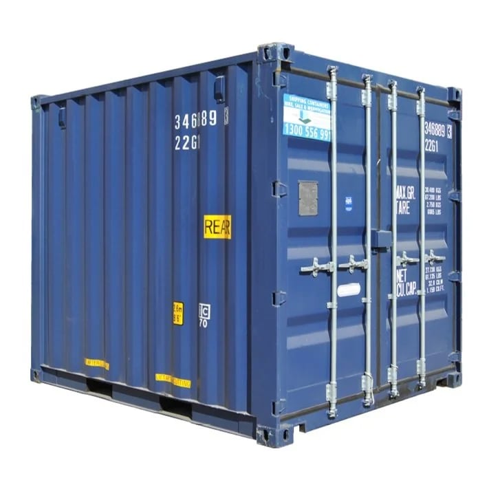 Blue 10ft shipping container for storage and transport, isolated on a white background.