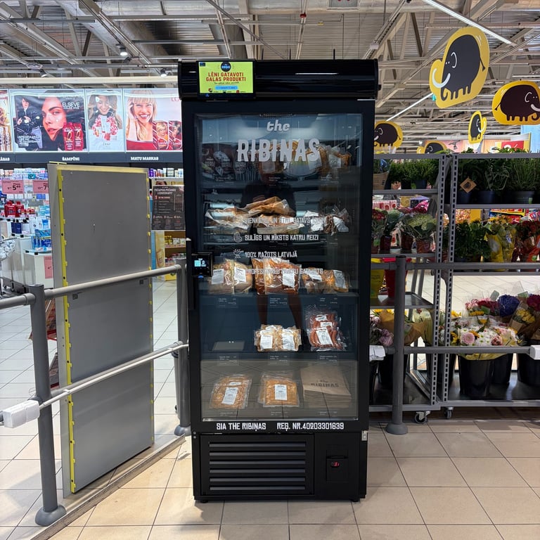 Vendigram smart fridge selling ready meals by The Ribiņas in Riga shopping centre