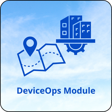 DeviceOps module icon with map and building gear for infrastructure monitoring