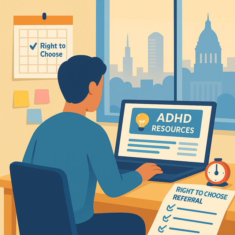illustration of a person at a desk viewing ‘ADHD Resources’ on a laptop, with a ‘Right to Choose