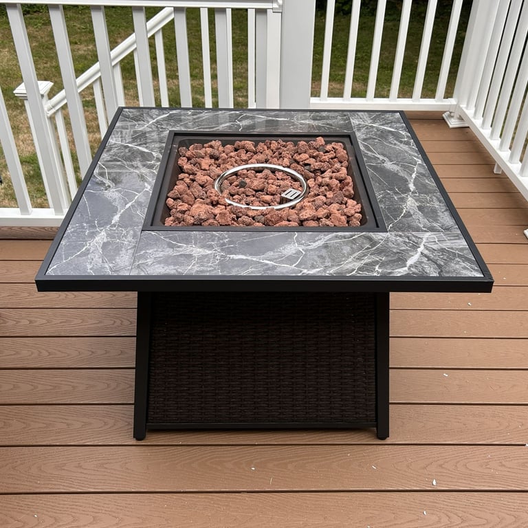 A 35" square gas firepit table by DEKO Living, fully assembled.