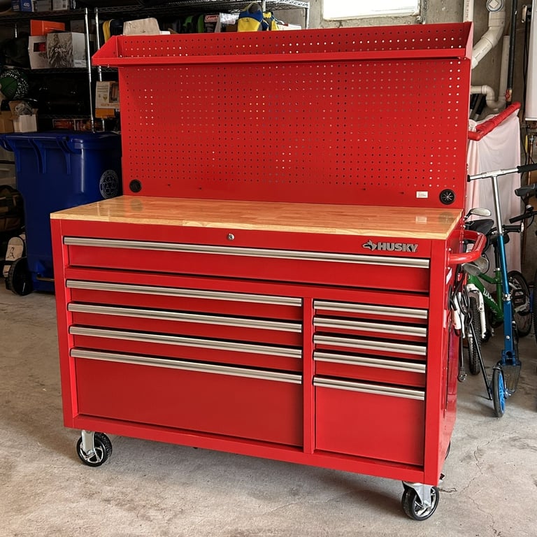10-drawer Husky mobile workbench with wood top fully assembled
