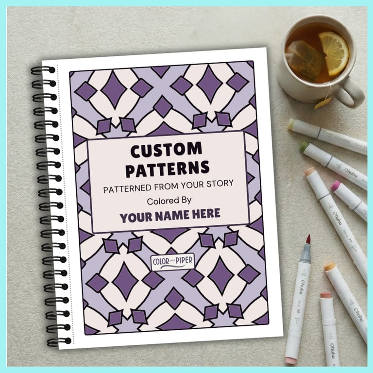 wirebound coloring book with geometric patterns entitled CUSTOM PATTERNS