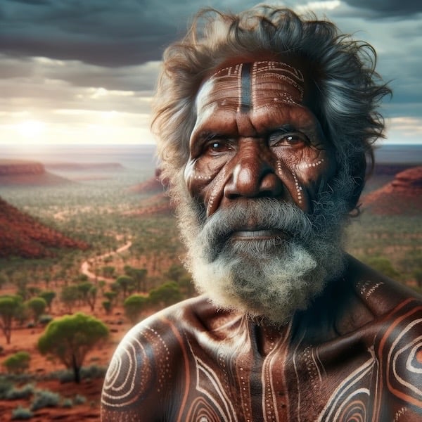 Portrait of an Australian Aboriginal elder in a dramatic outback scene