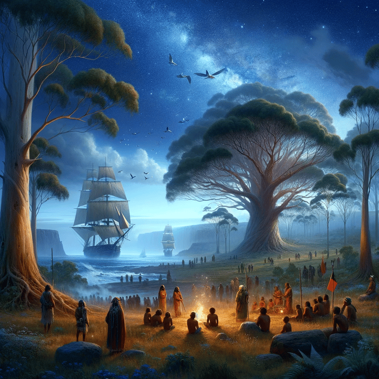 The first British ships arrive in Australia looked on by the Aboriginal people