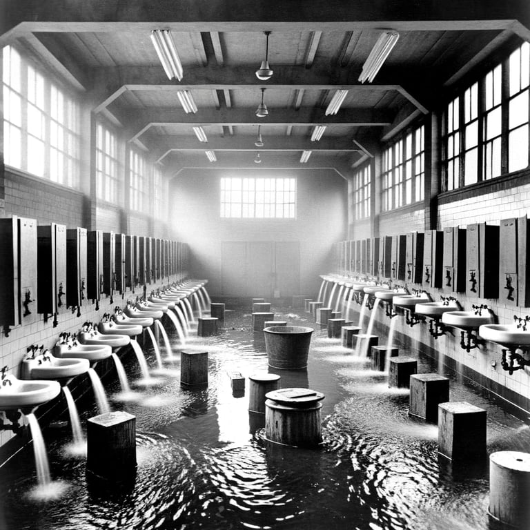 Illustration of a flooded washroom in a building, water overflowing the sinks