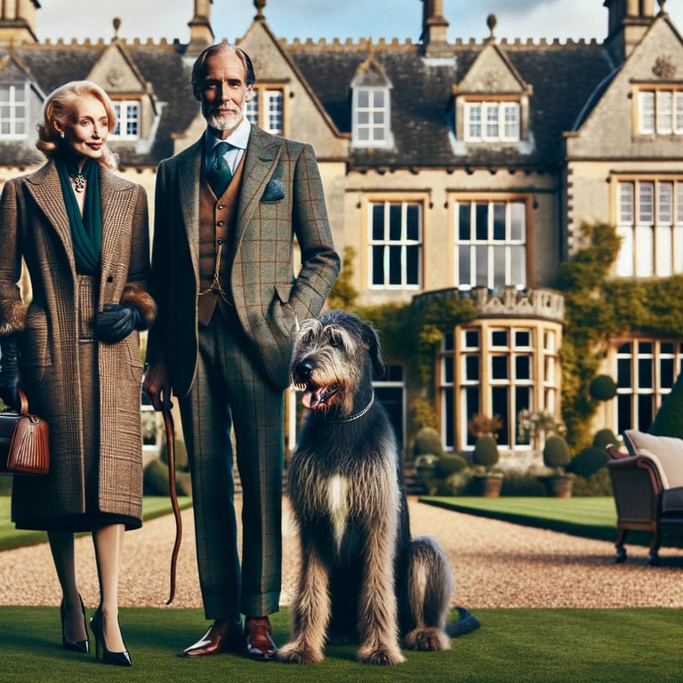 Illustration of Lord and Lady Docker with their Irish Wolfhound