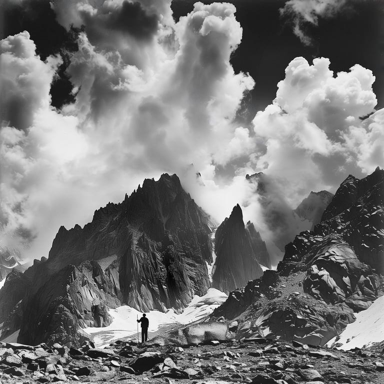 Illustrative mountain scene in the style of Ansel Adams