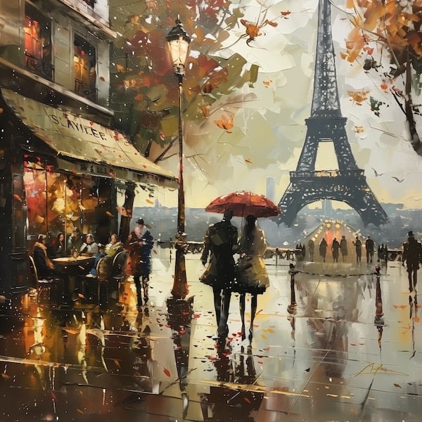 Watercolour painting Paris scene, couple in rain with umbrella, Eiffel Tower