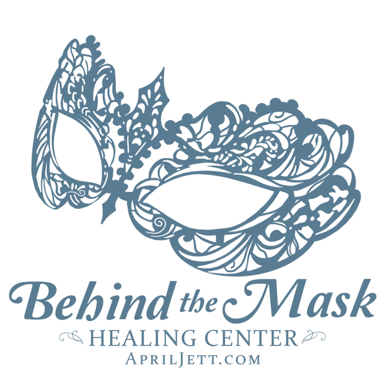 Behind the Mask Healing Center logo featuring an intricate blue filigree masquerade mask design.